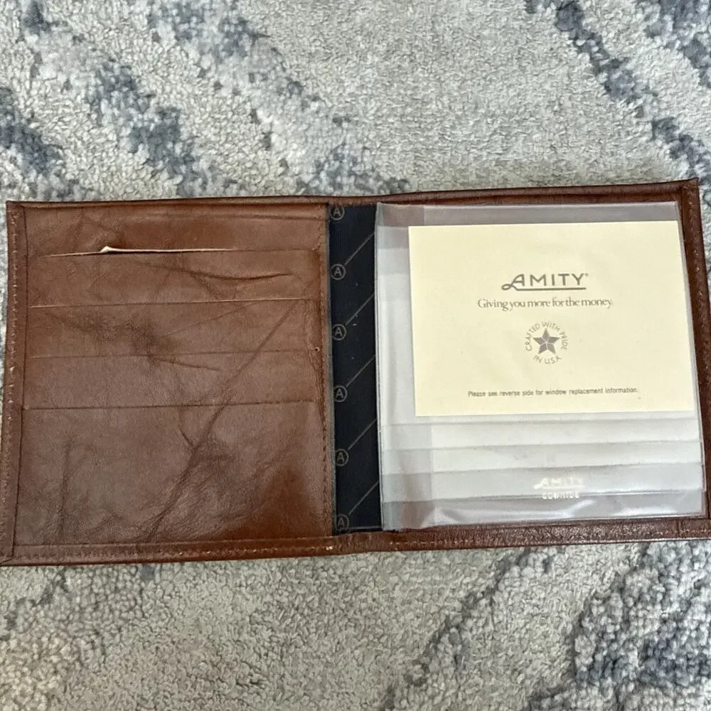 Vtg 1980s Amity Men's Cowhide Leather Bifold Wallet Textured Burgundy Retro Slim